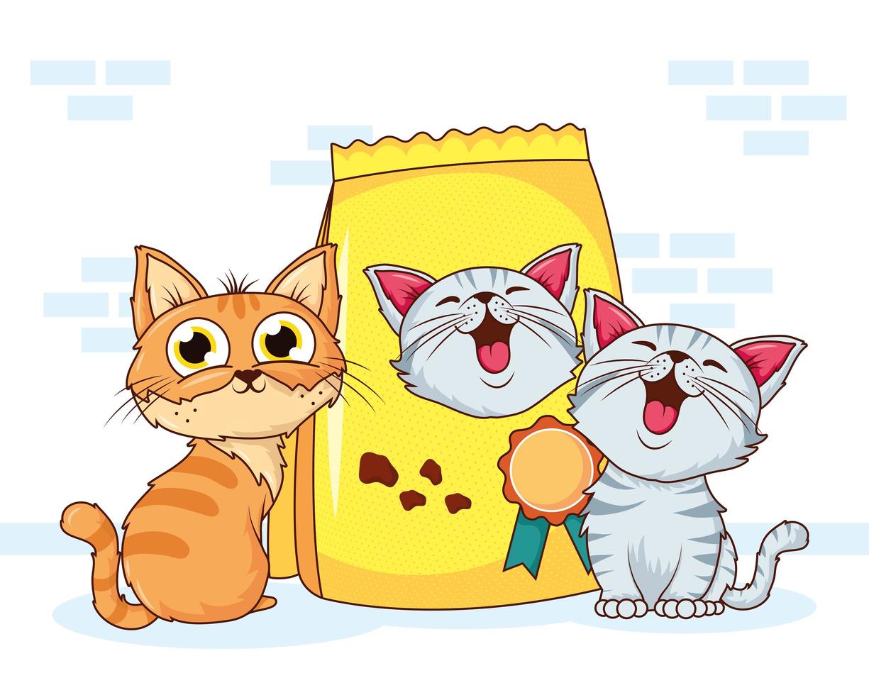 lindos gatos con bolsa de comida vector