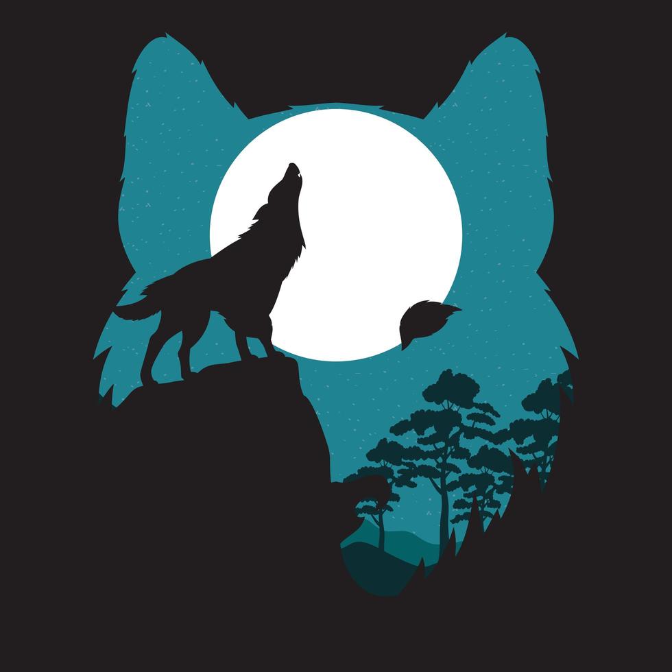 wild wolf howling silhouette and moon scene vector