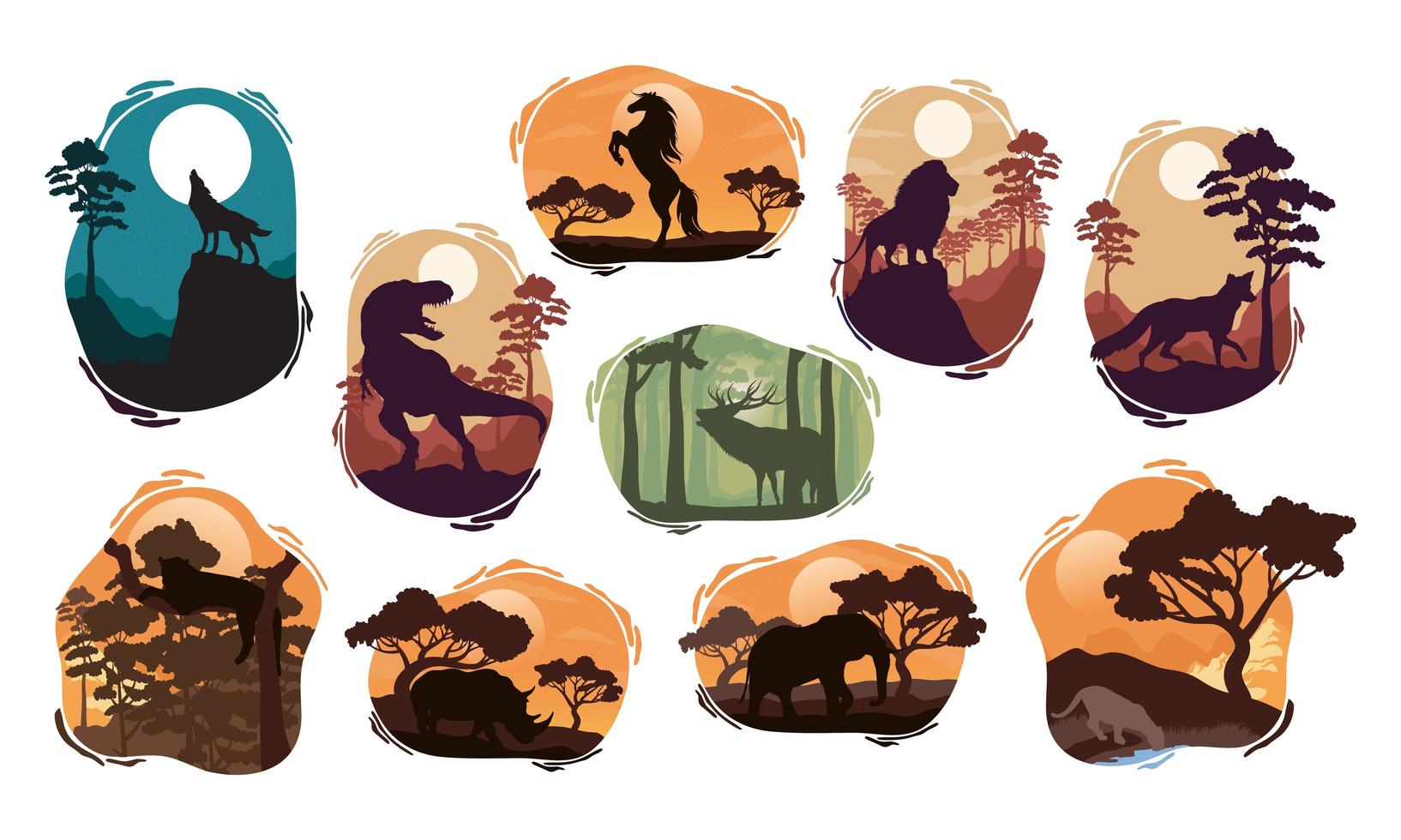 wild ten animals silhouettes scenes vector