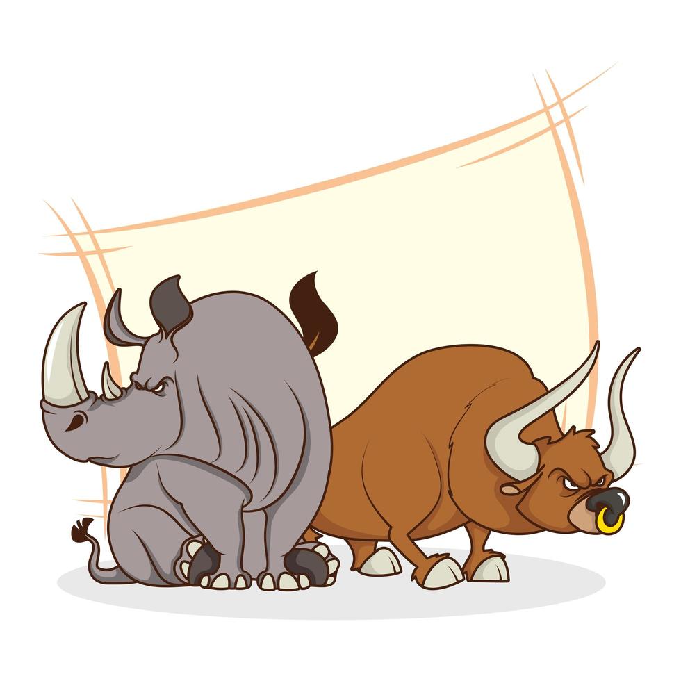 Lindos personajes de dibujos animados cómicos de rinocerontes y toros vector