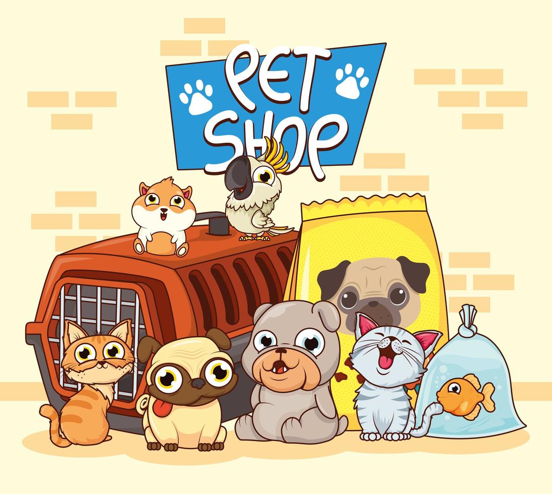 grupo de animales con artículos de la tienda de mascotas. vector