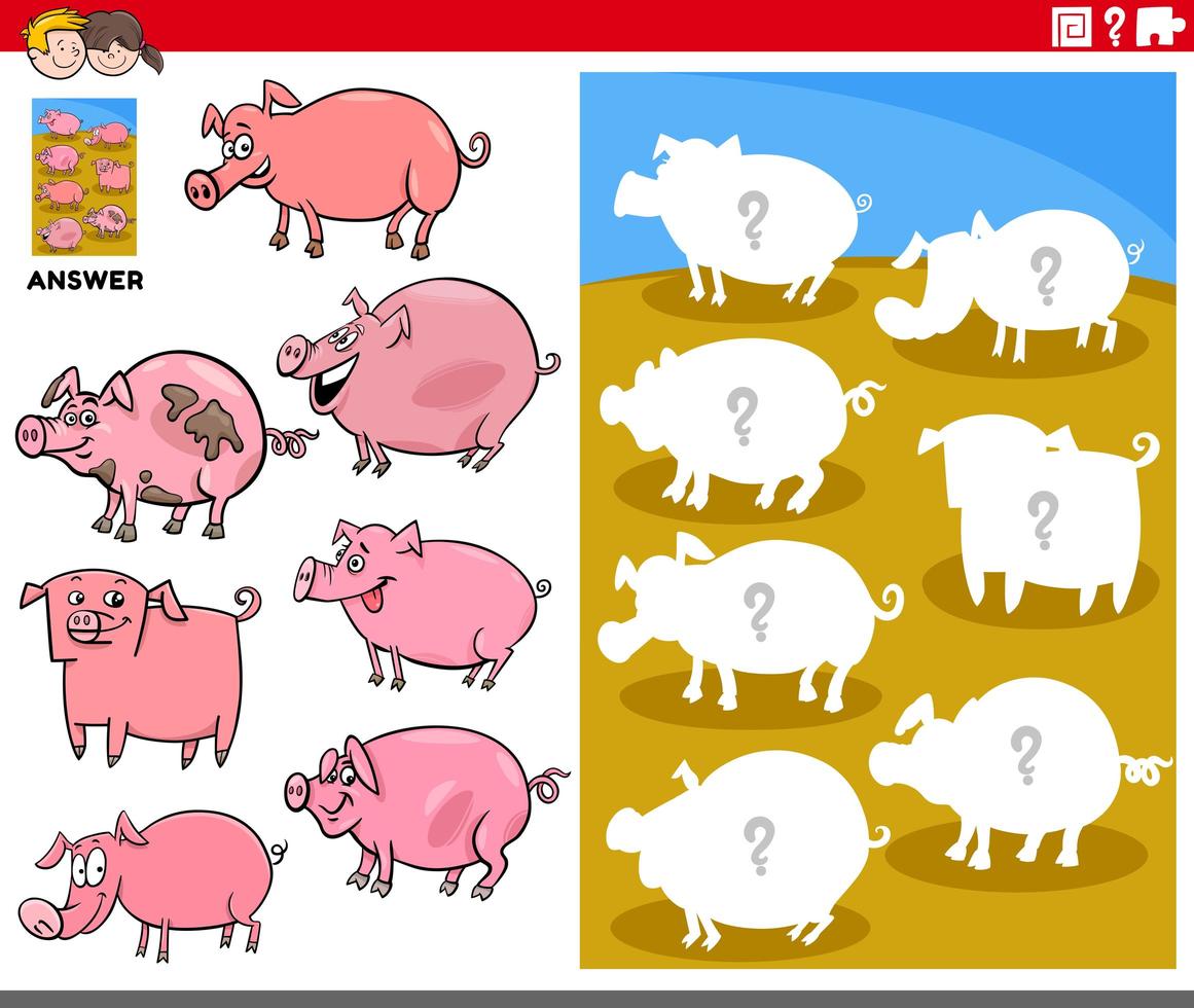 matching shapes game with cartoon pig characters vector