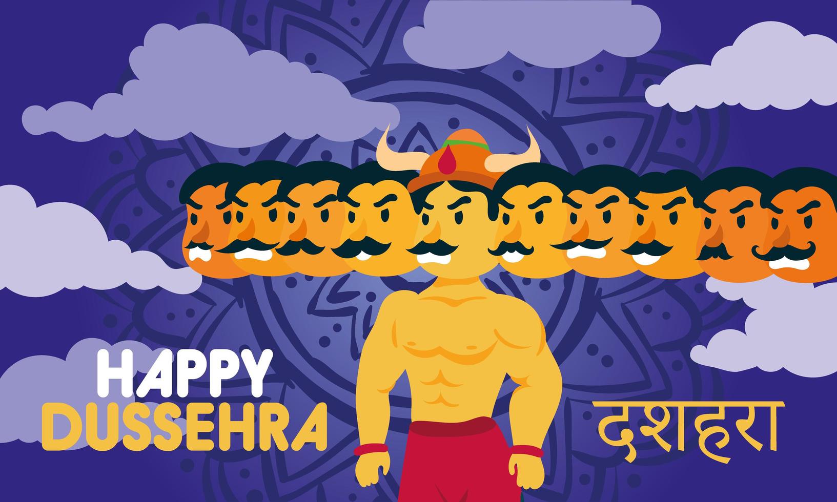 happy dussehra lettering with demon ravana of ten heads vector