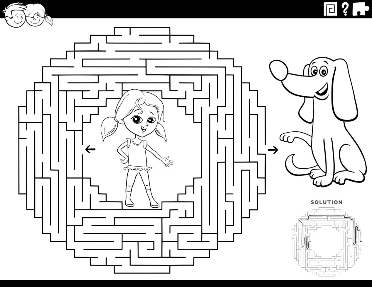 Juego de laberinto con niña y cachorro página de libro para colorear vector