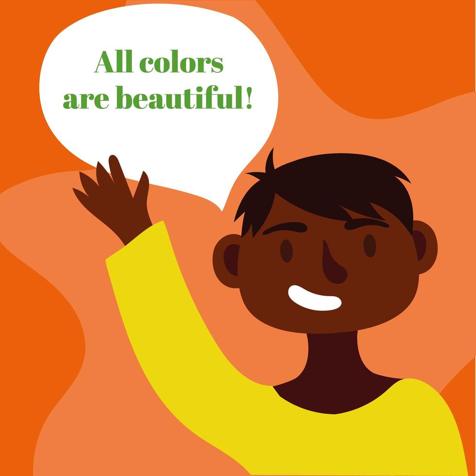 all colors are beautiful lettering with afro man speaking vector