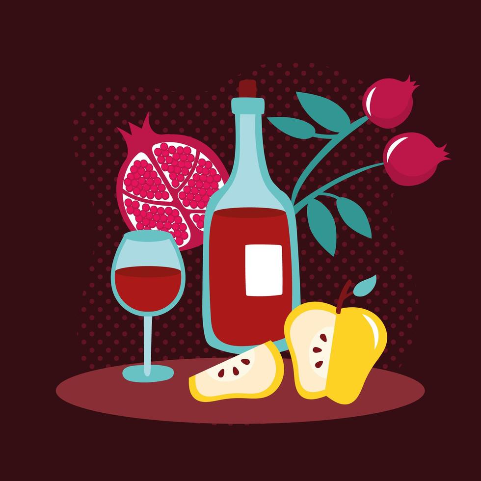 happy rosh hashanah with wine drink and fruits vector