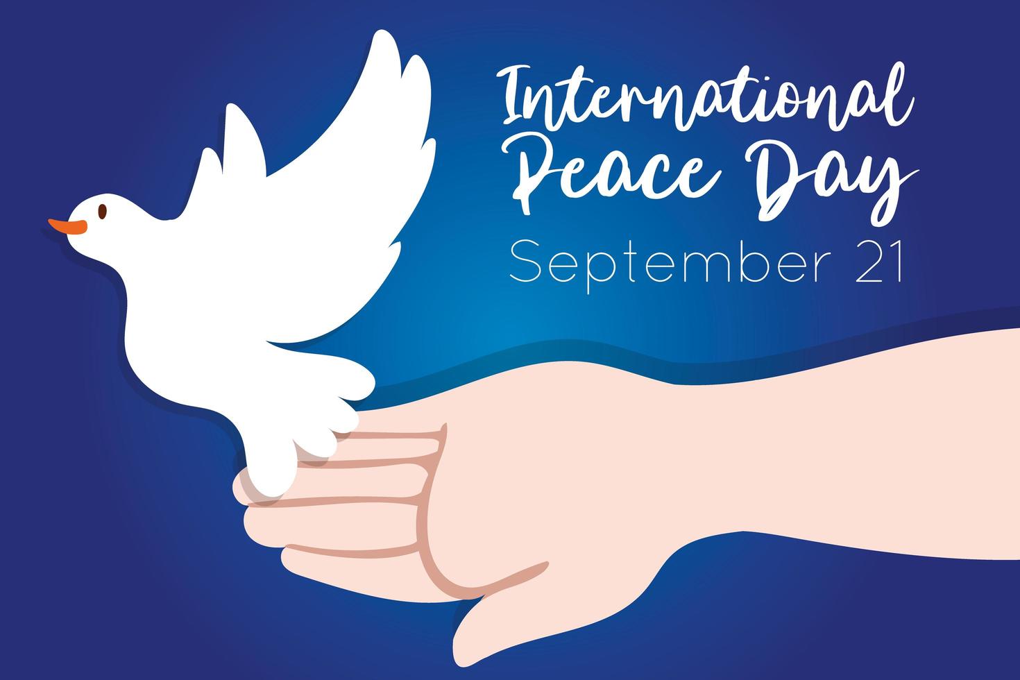 día internacional de la paz letras con mano y paloma vector
