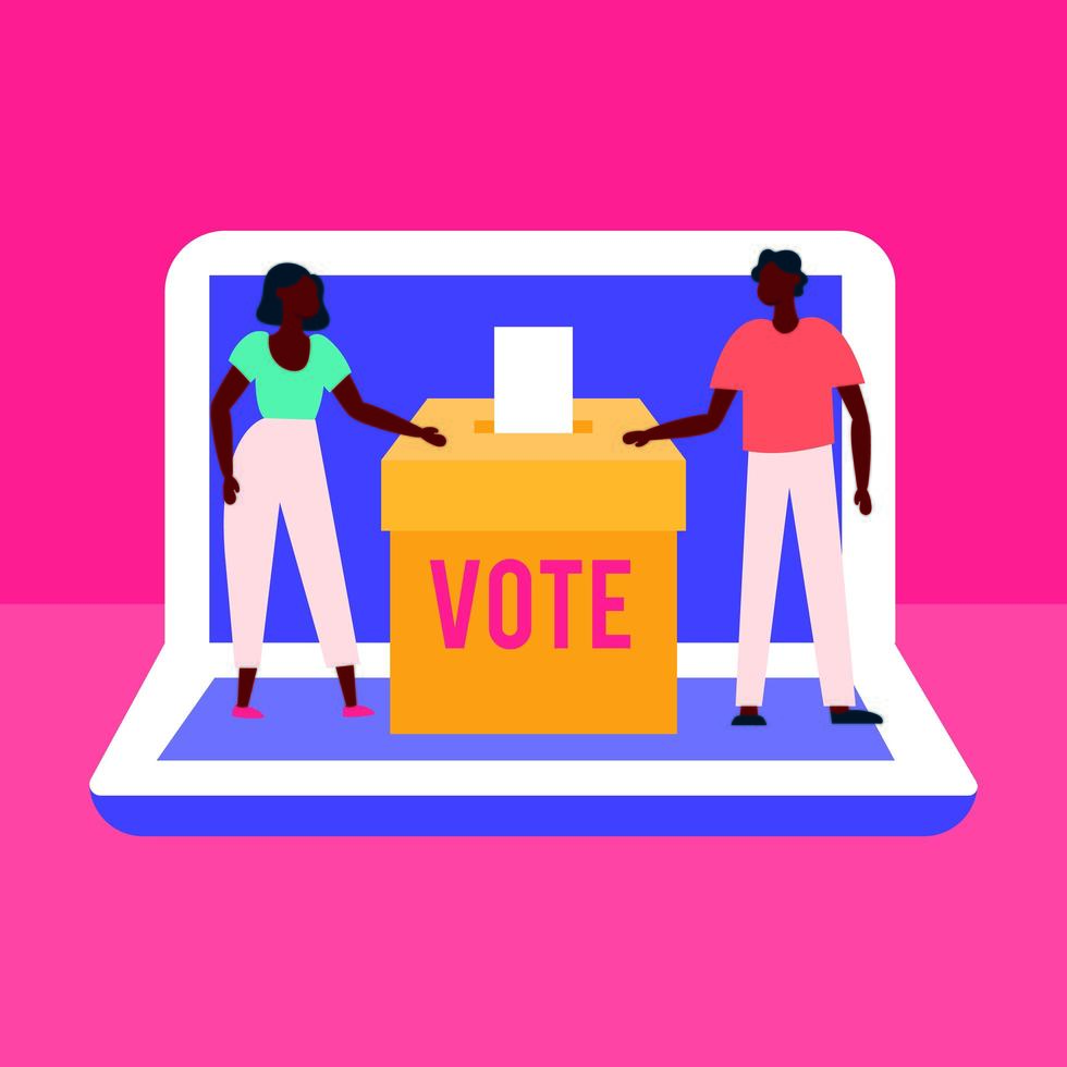 La democracia del día de las elecciones con votantes afro en urnas y portátiles vector