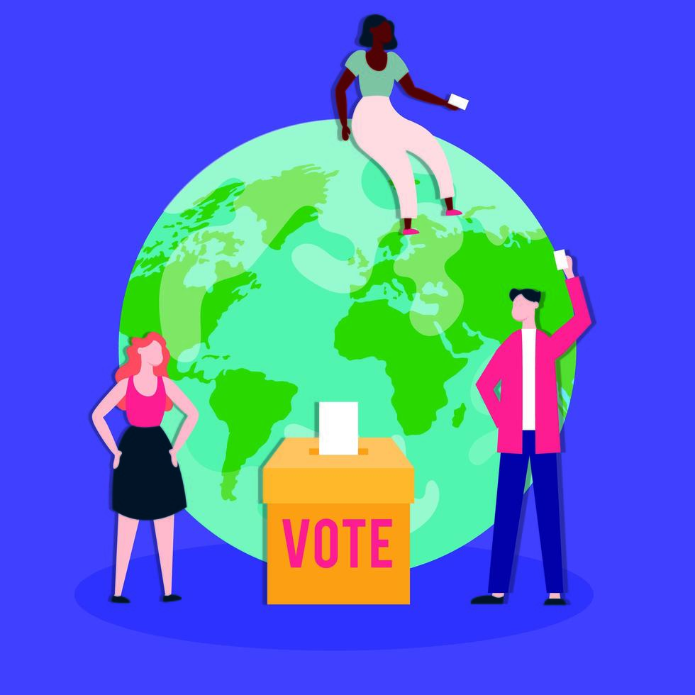 election day democracy with voters in voting box and earth planet vector