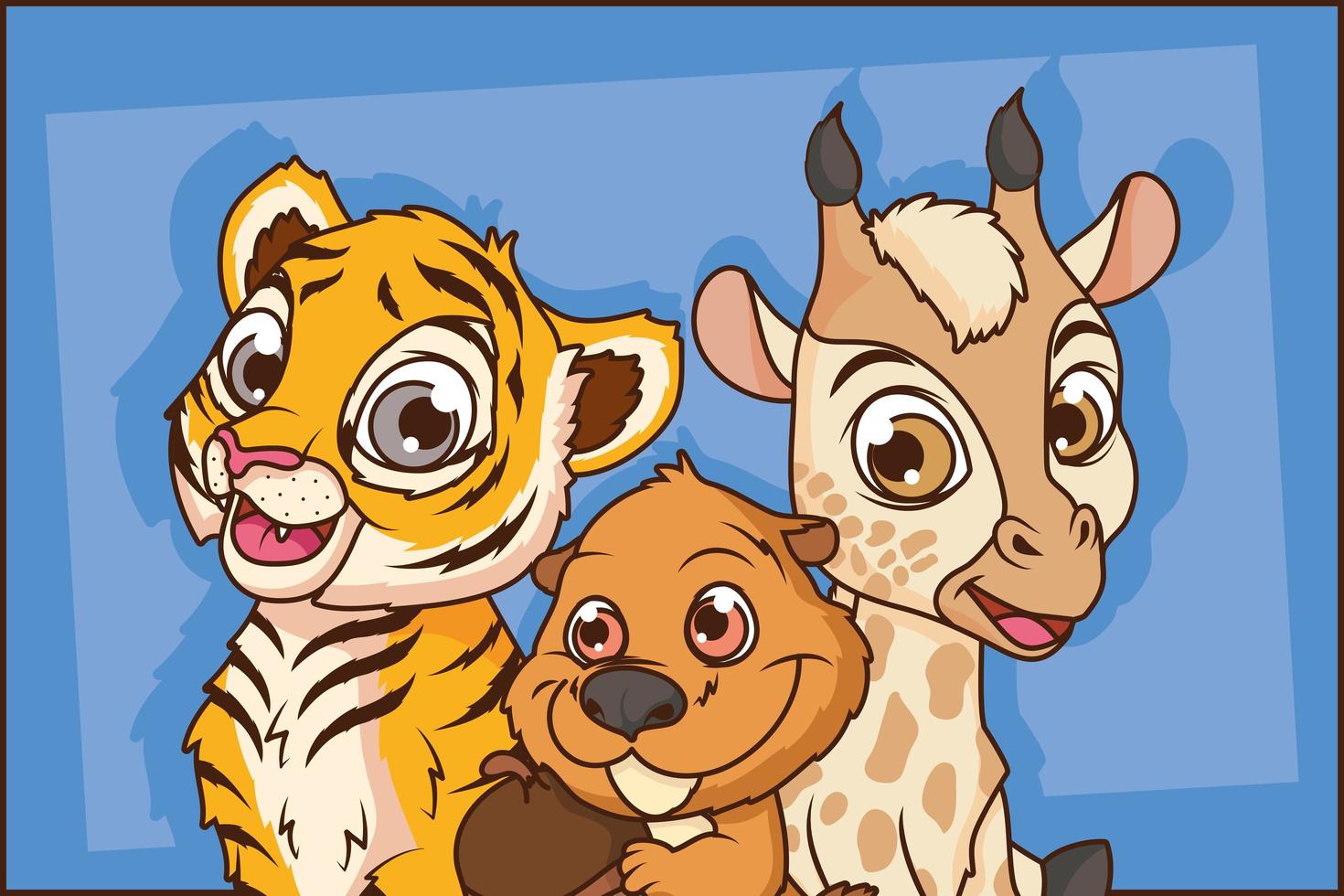 tigre lindo con personajes de dibujos animados cómicos ardillas y jirafas vector