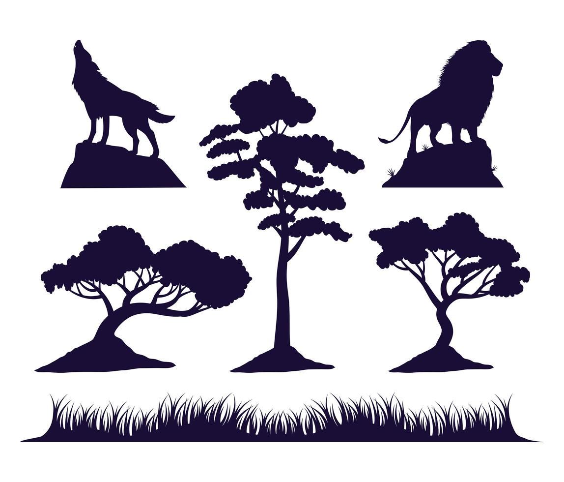 Wild fauna and flora silhouette icon set vector