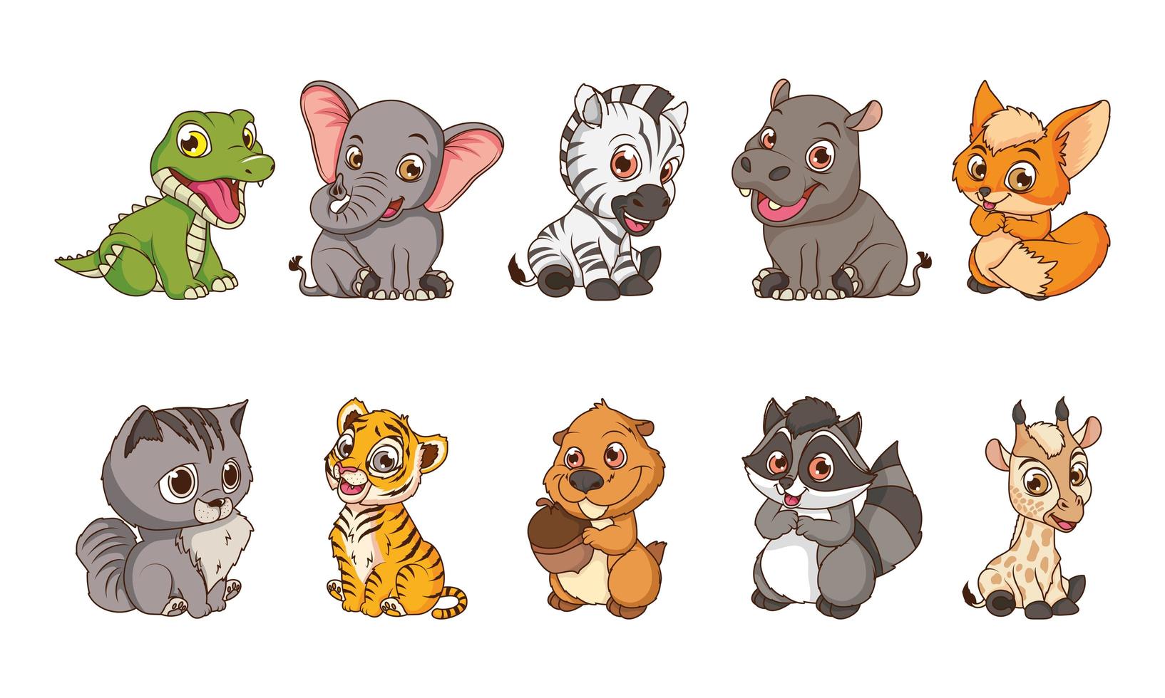 lindos diez animales bebés personajes de dibujos animados vector