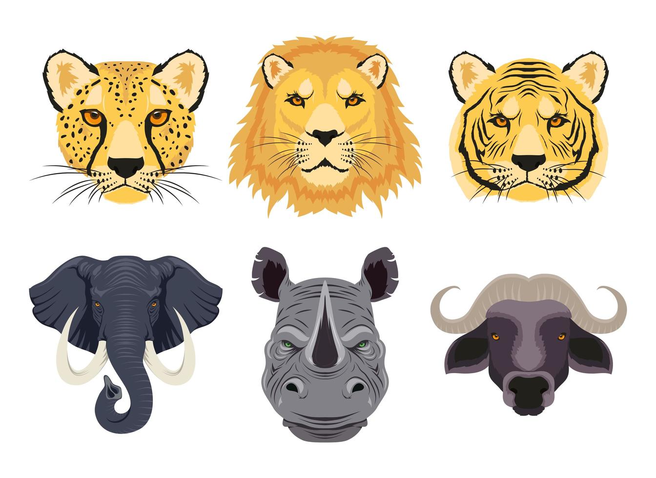 Wild animals characters head set vector