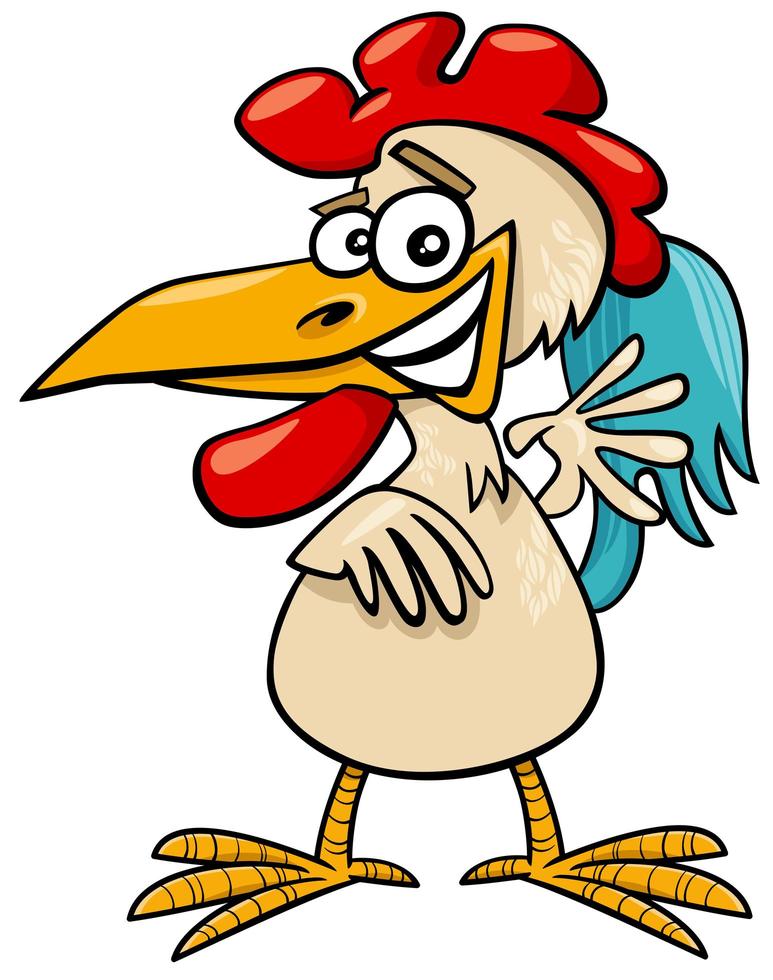 personaje de dibujos animados de animales de granja de aves de gallo cómico vector