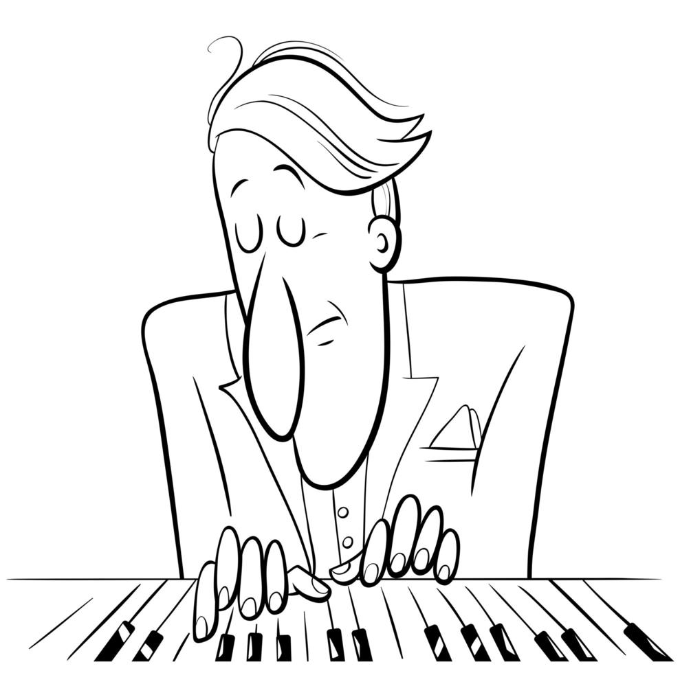 pianista tocando el piano página de libro para colorear de dibujos animados vector