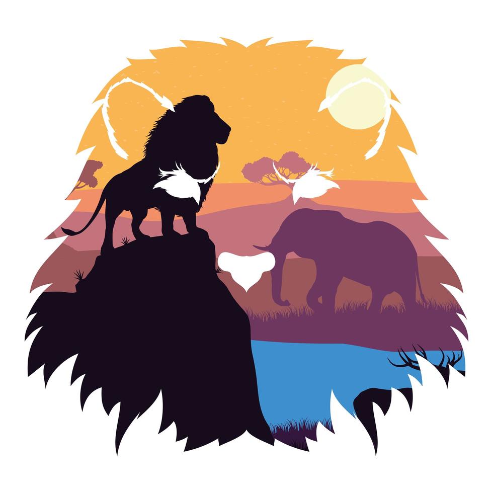 wild lion and elephant silhouettes scene vector