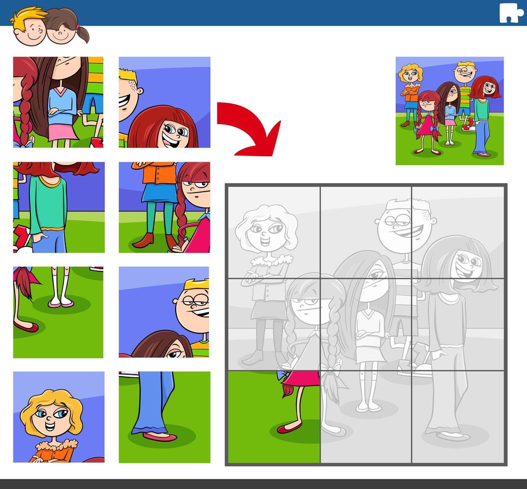 Tarea de rompecabezas con grupo de personajes infantiles vector