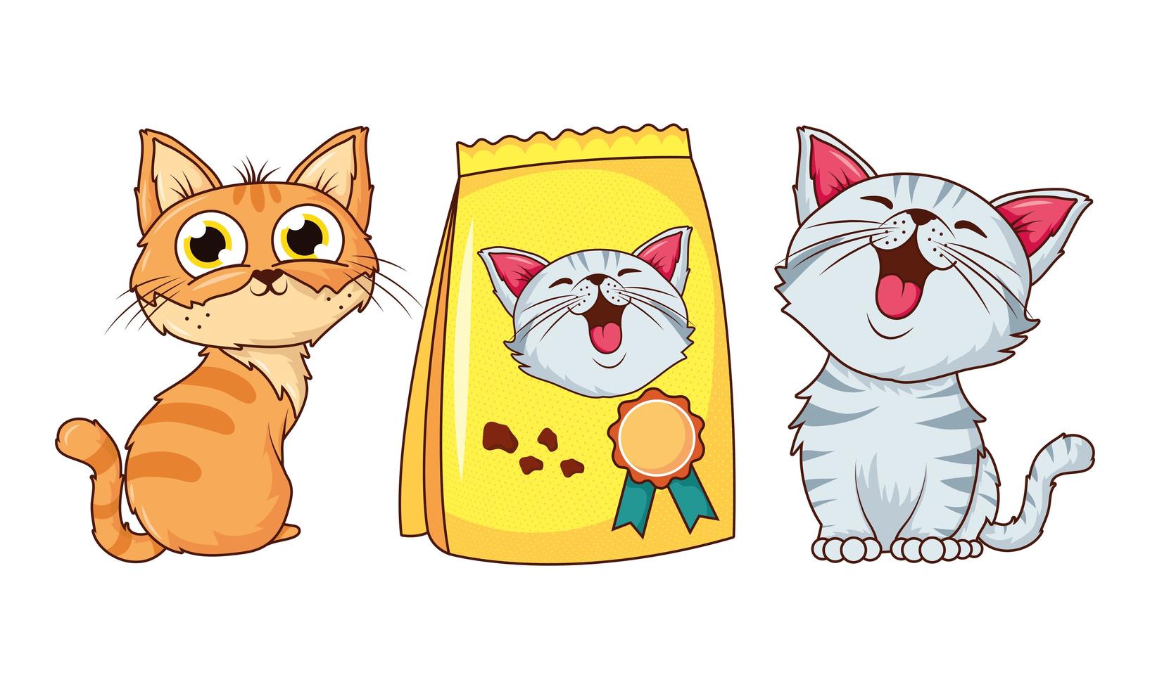 lindos gatos con bolsa de comida vector