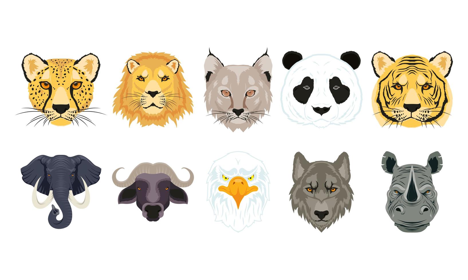 Wild animals characters head set vector