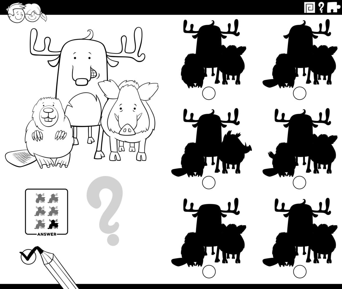 educational shadows game with animals coloring book page vector