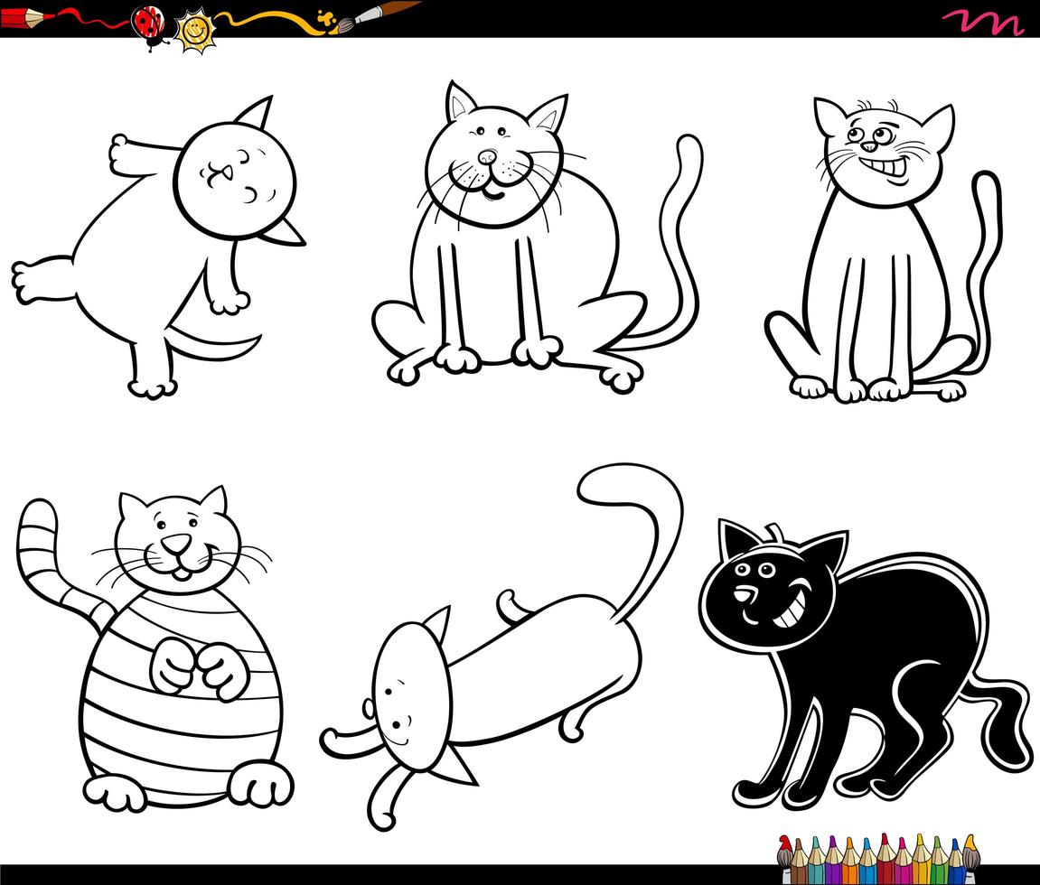 funny cat characters set coloring book page vector