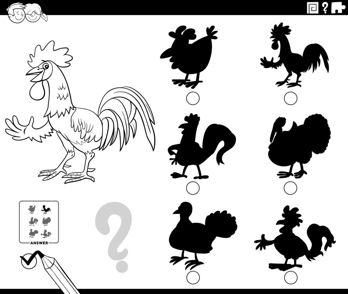 shadows game with rooster character coloring book page vector