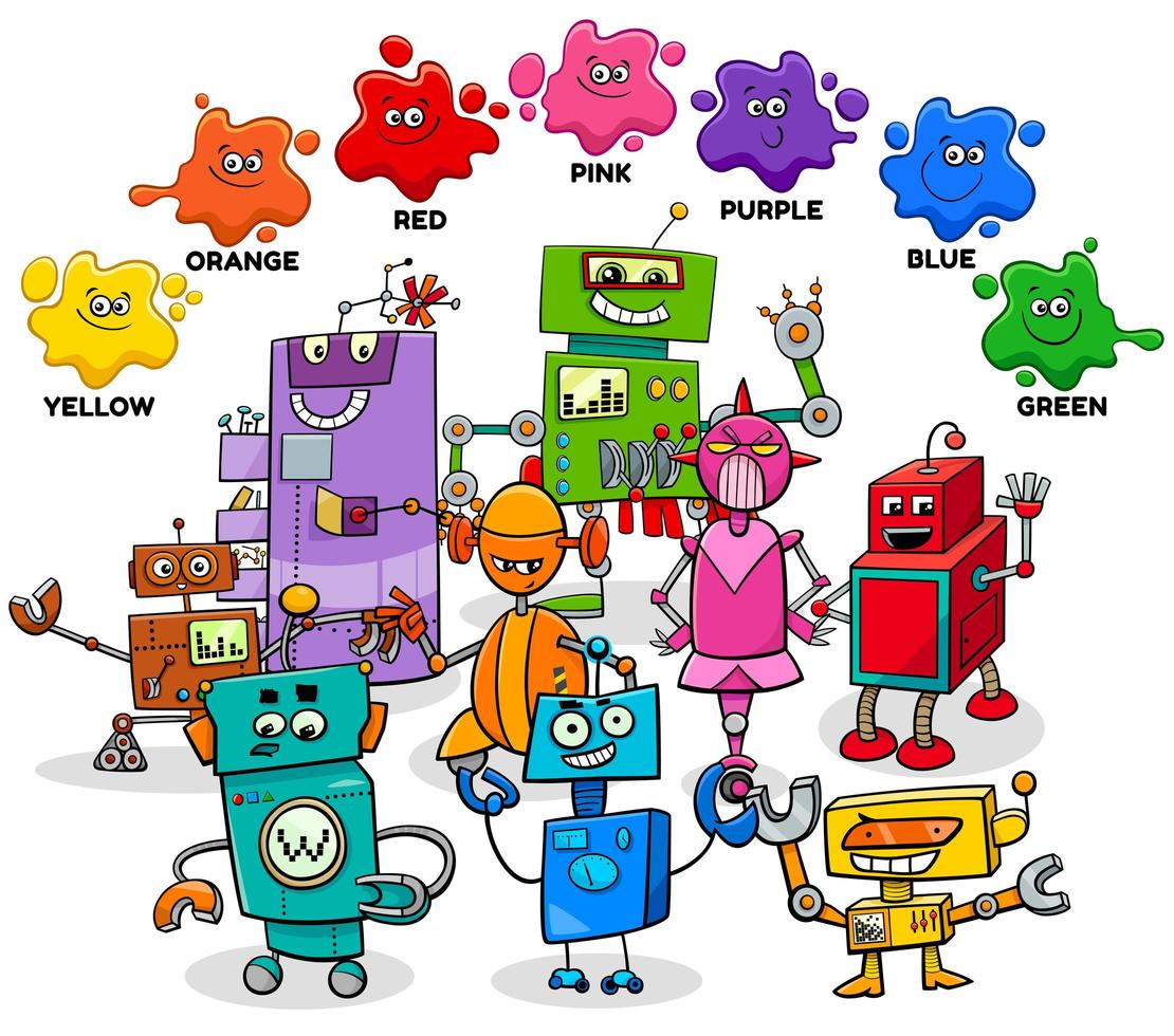 basic colors with cartoon robot characters group vector