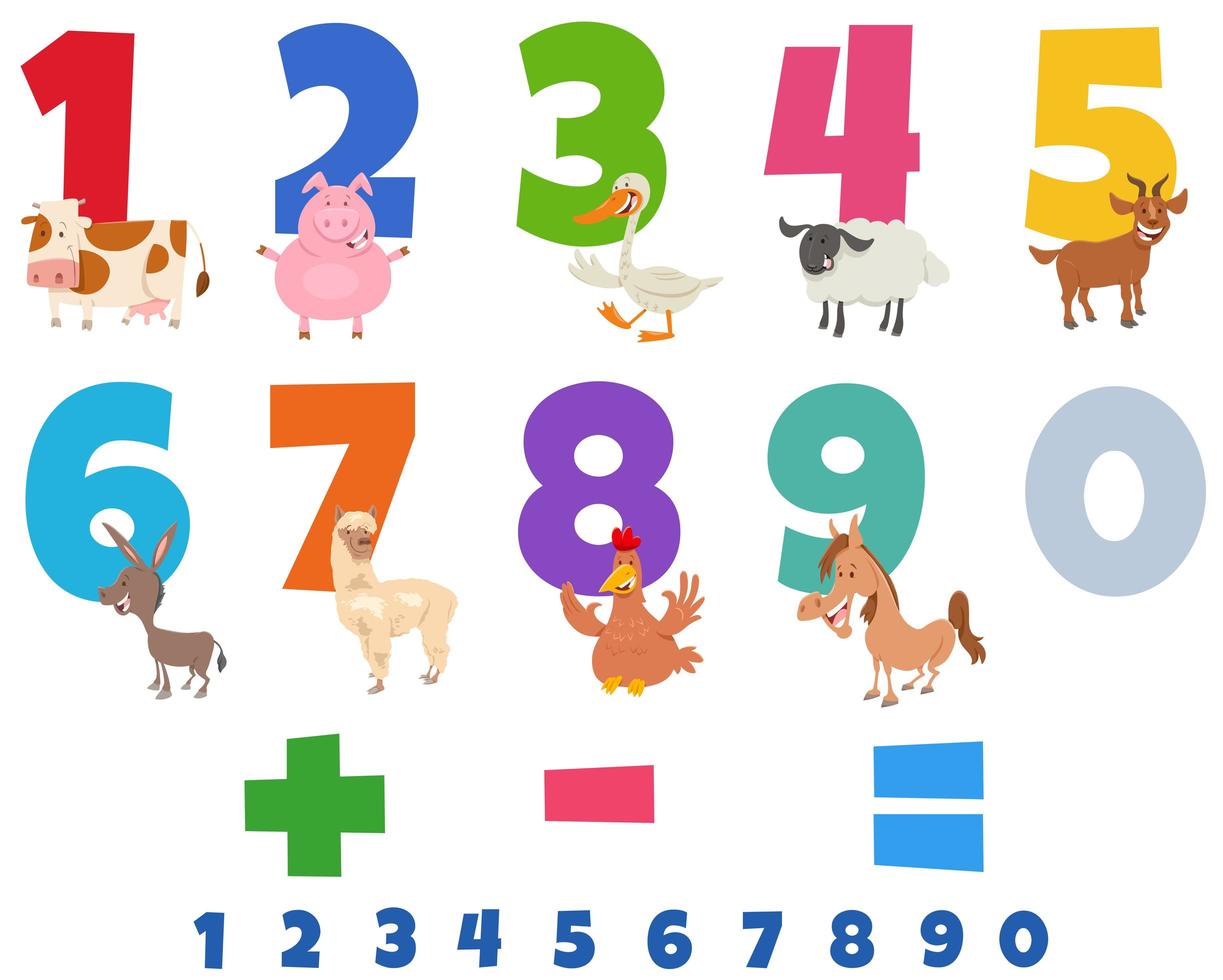 números educativos con divertidos animales de granja vector
