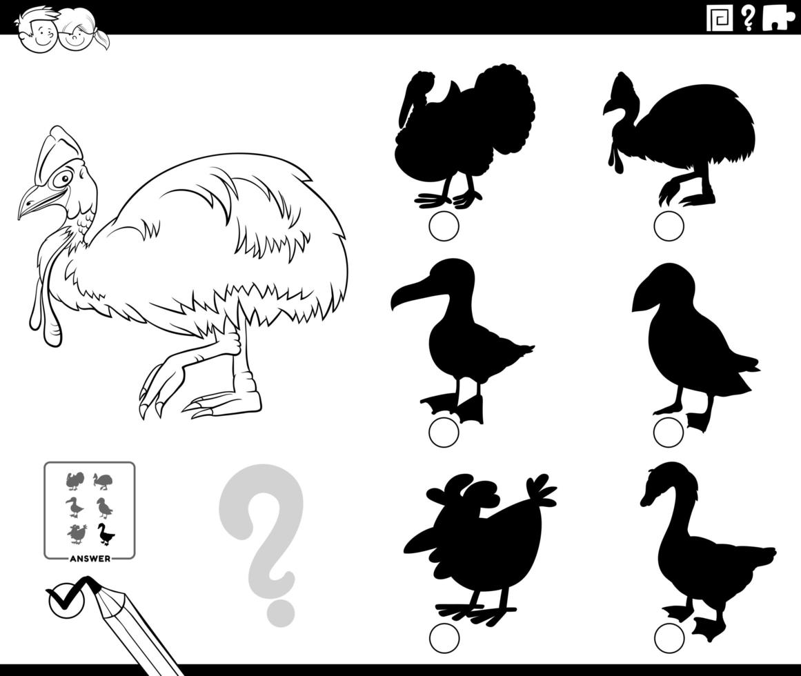 shadows game with cassowary character coloring book page vector