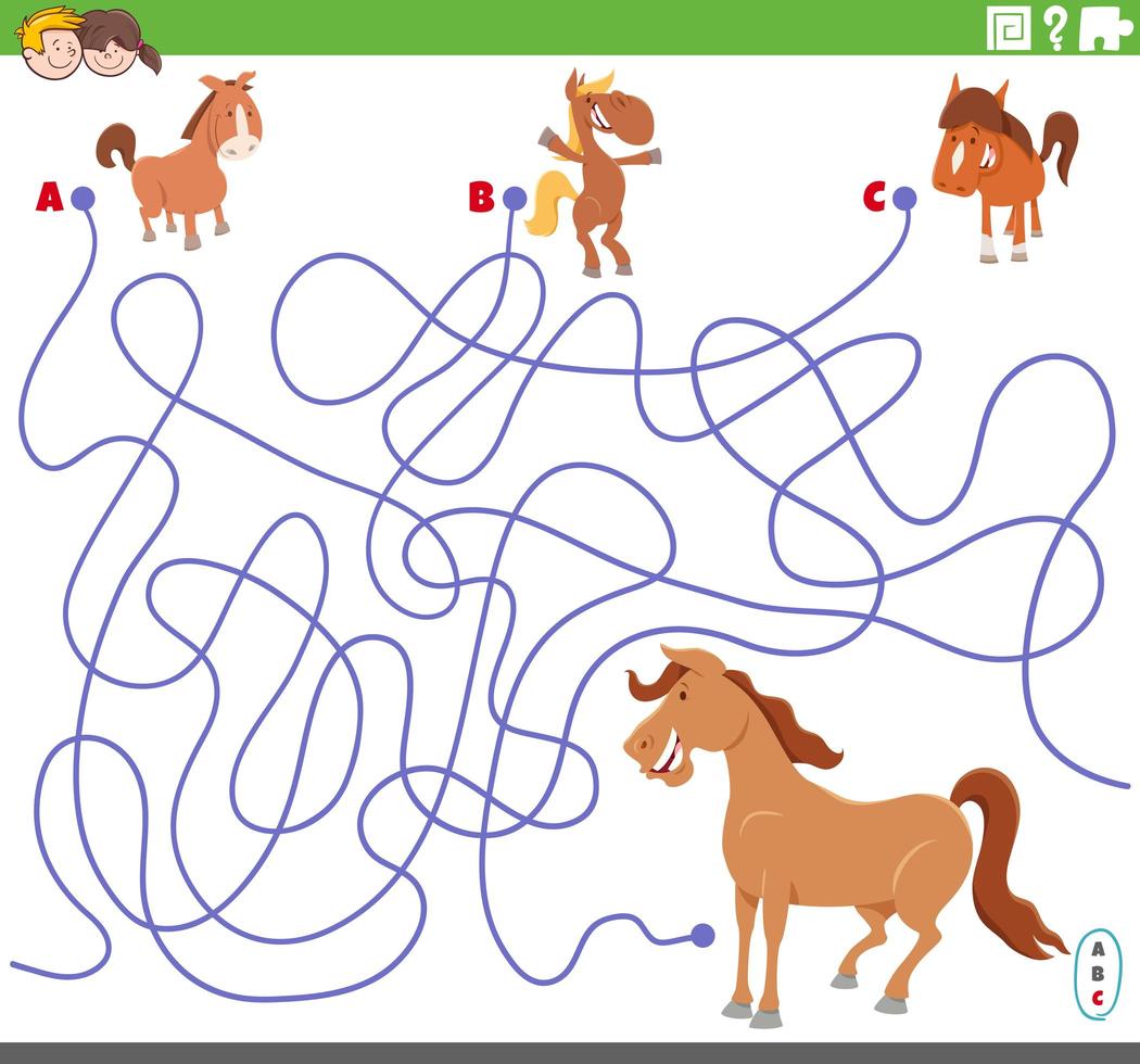 educational maze game with cartoon colts and mare vector