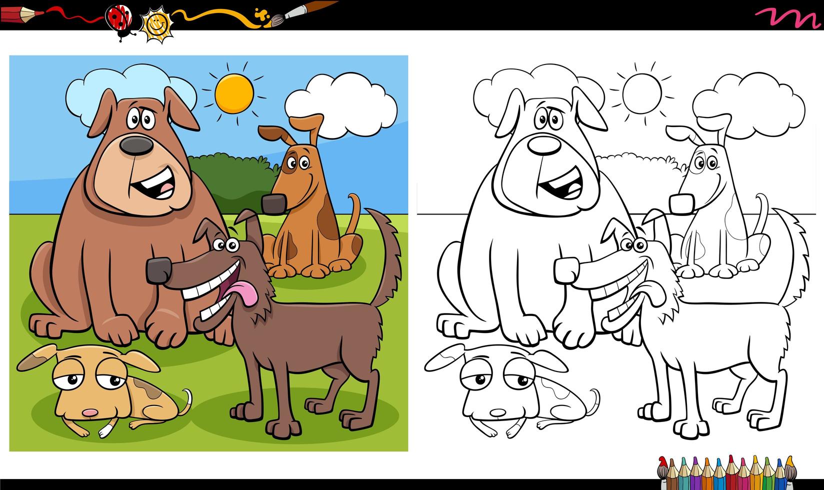 Grupo de personajes de perro divertido página de libro para colorear vector