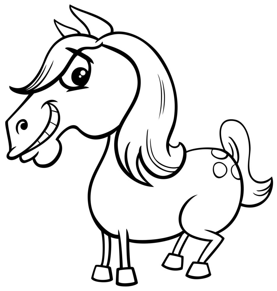 horse or pony farm animal character coloring book page vector