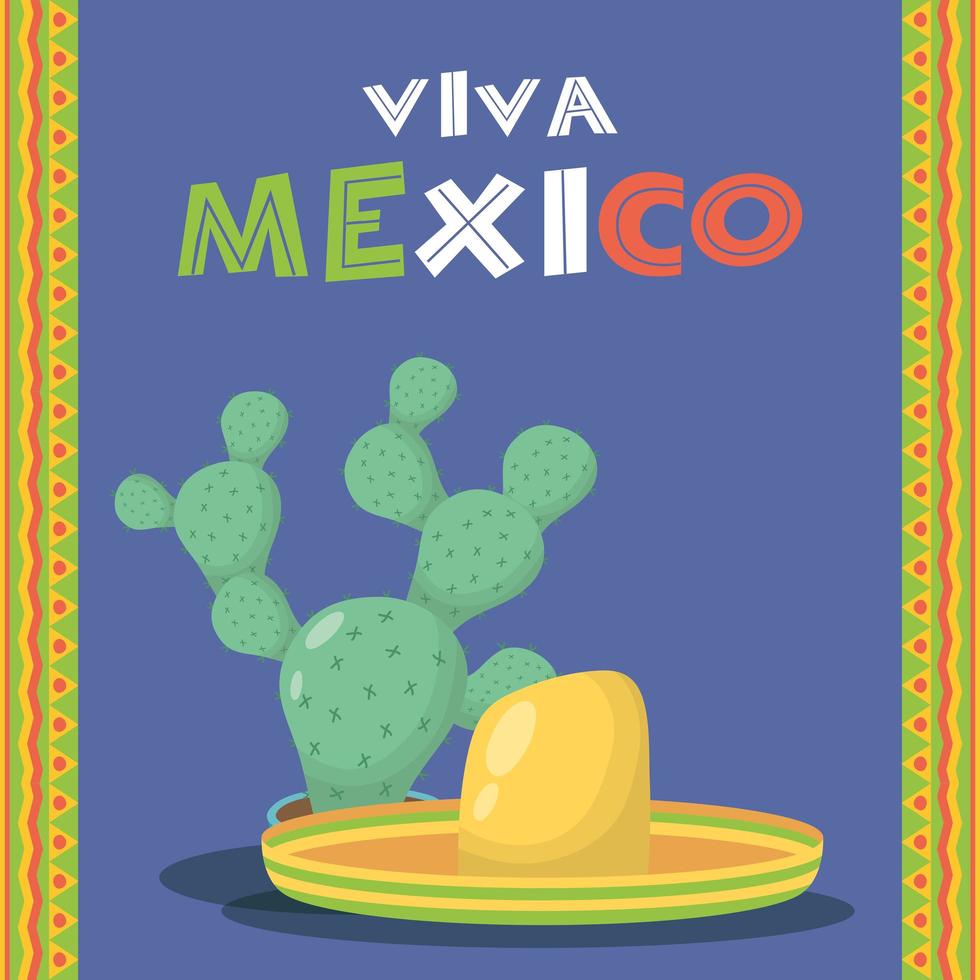 viva mexico celebration with cactus and hat vector
