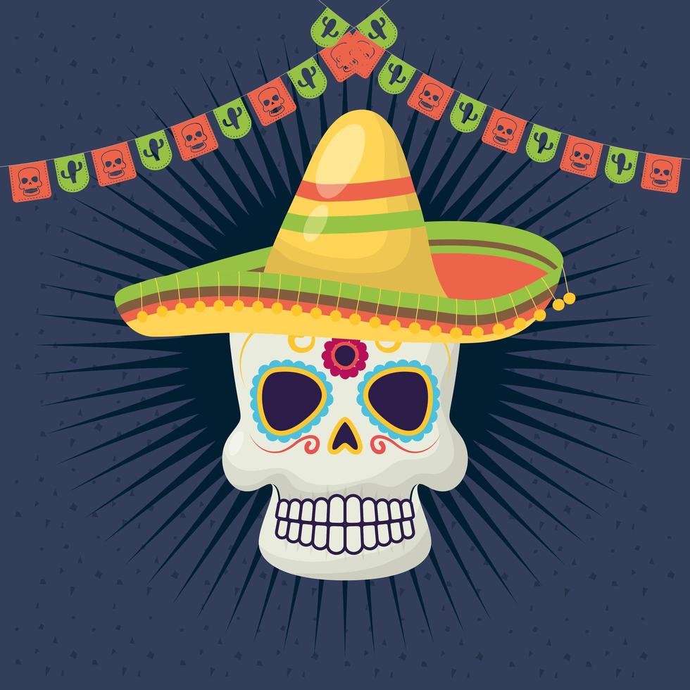 viva mexico celebration with death mask and hat vector