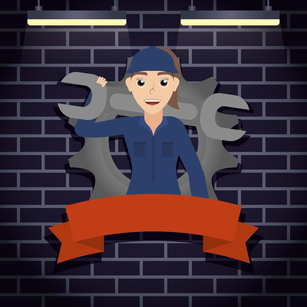 Mechanic woman working with wrench vector