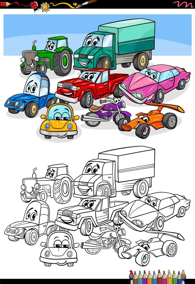 cartoon cars and vehicles coloring book page vector