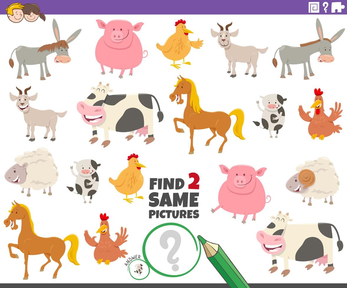 find two same farm animals educational game for kids vector