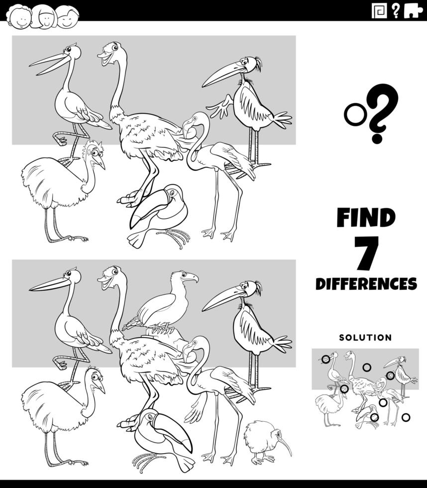 Diferencias tarea con pájaros página de libro para colorear vector