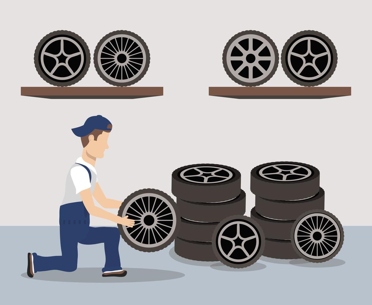 Mechanic character working with tires vector