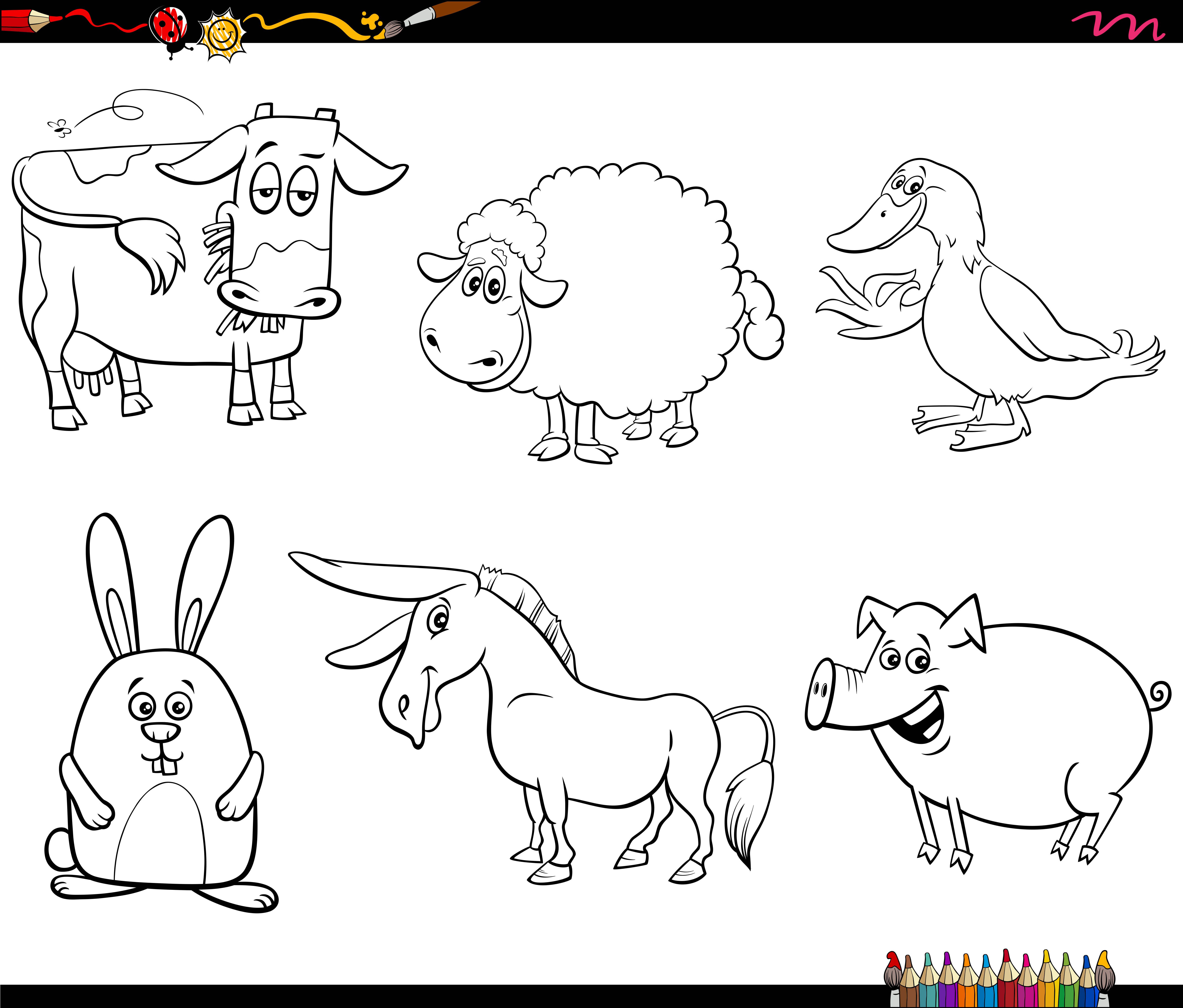 cartoon farm animal characters set coloring book page 1942381 Vector Art at  Vecteezy