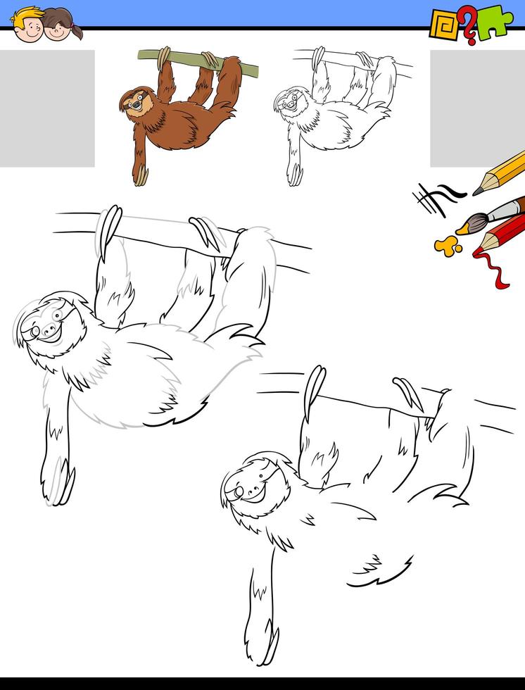 drawing and coloring worksheet with sloth animal vector
