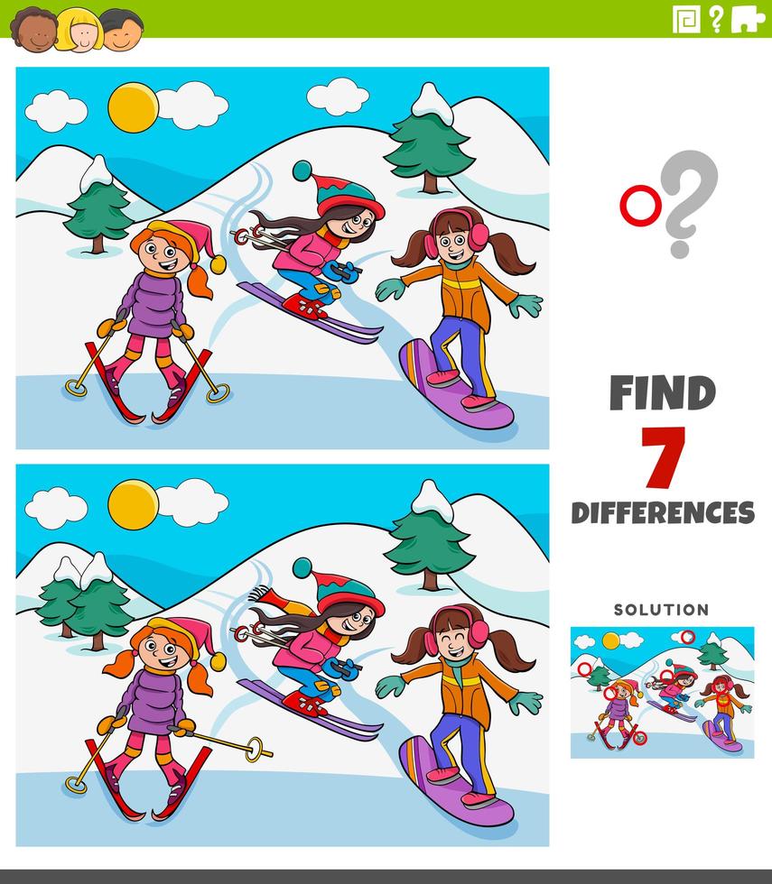 differences educational game with skiing girls vector