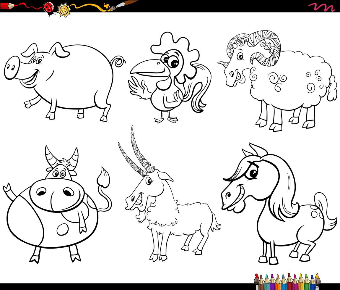 cartoon farm animal characters set coloring book page vector
