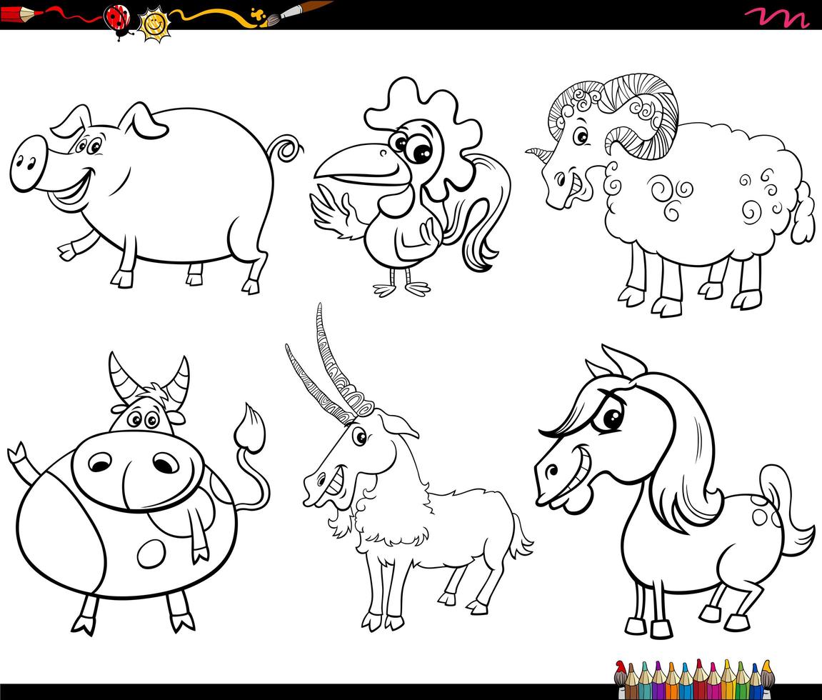 Personajes de animales de granja de dibujos animados para colorear página de libro vector