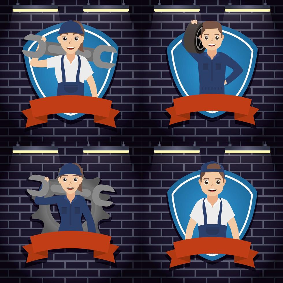 Group of mechanic workers with gears and tools vector