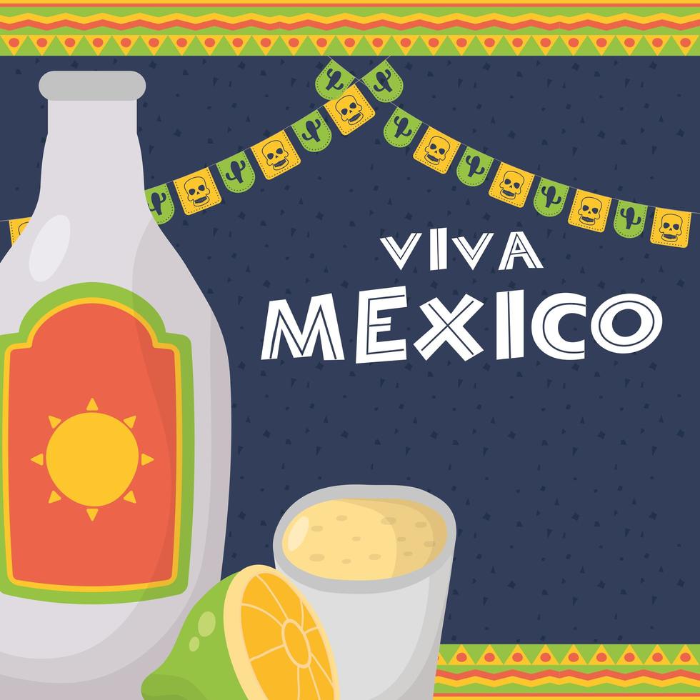 celebración viva mexico con botella de tequila vector