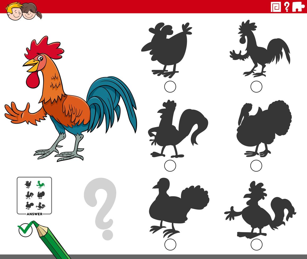 shadows task with cartoon rooster animal character vector