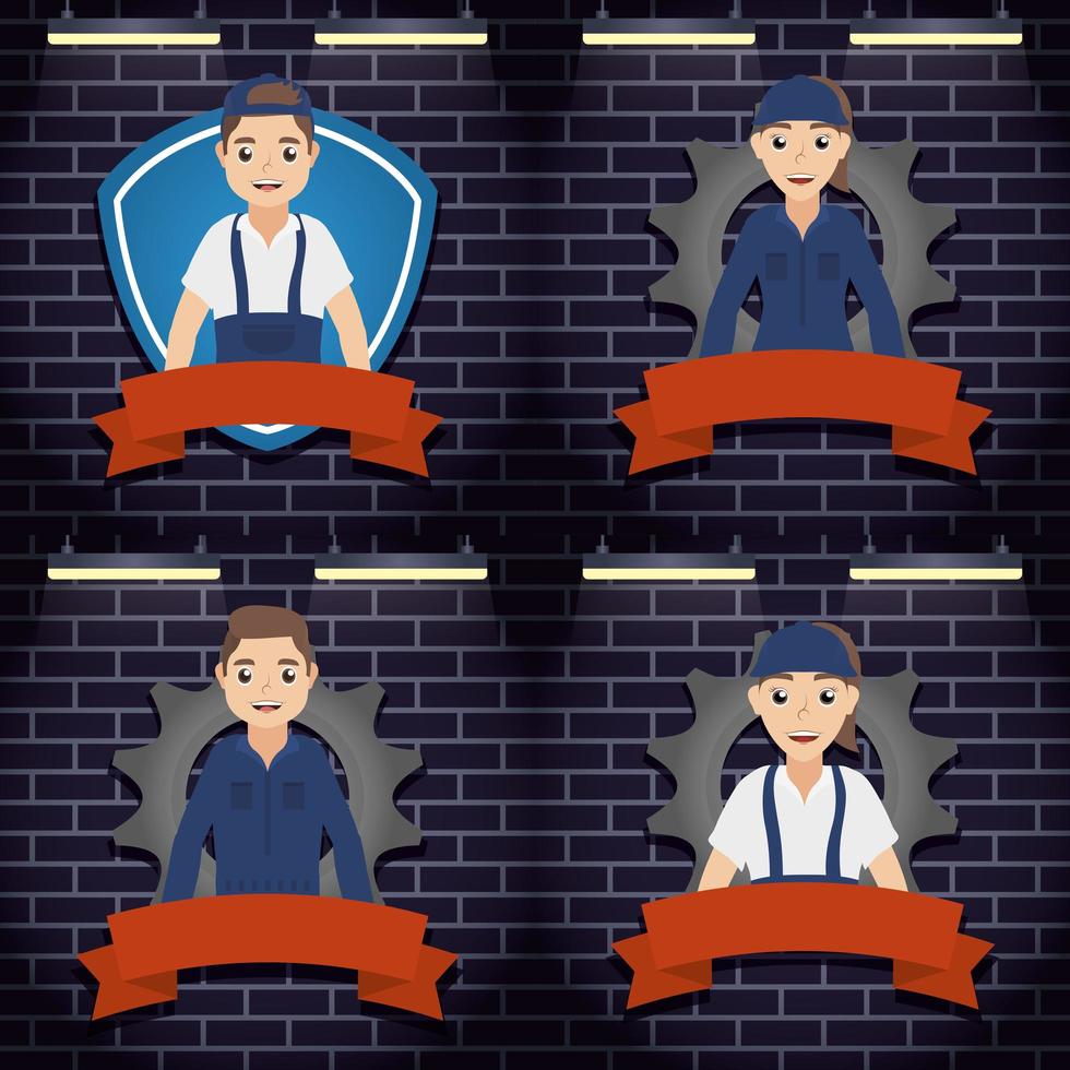 Group of mechanic workers with gears and tools vector