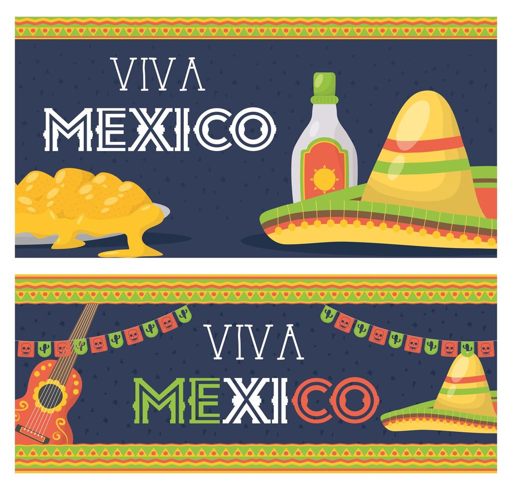 viva mexico celebration with food and tequila bottle vector