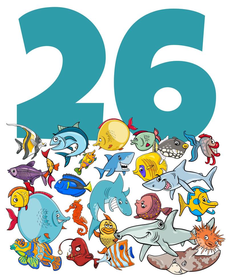 number twenty six and cartoon fish group vector